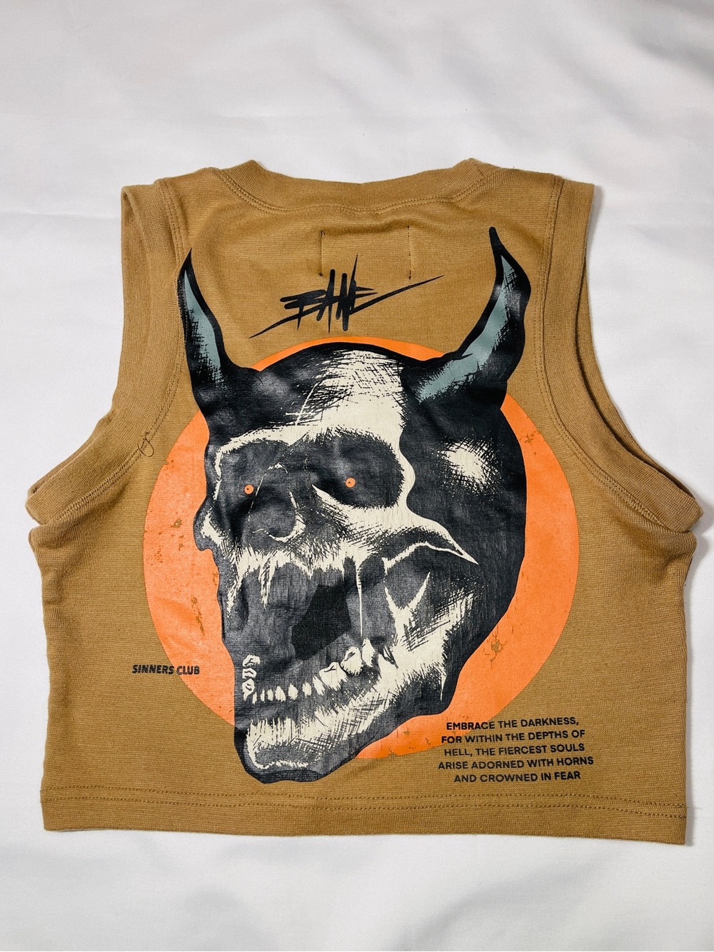 Graphic Sinners Club Crop Tank Top in Tan